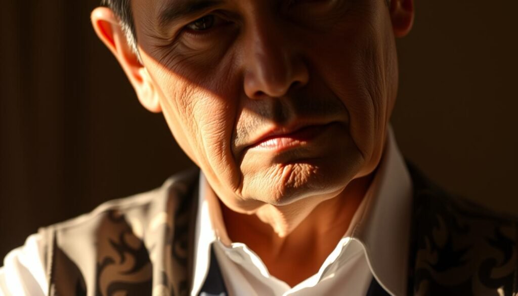 A close-up portrait of the governor of Riau province, Indonesia, dressed in a formal white collared shirt and batik vest. His face is captured with a serious, contemplative expression, conveying a sense of authority and responsibility. The lighting is warm and flattering, creating shadows that accentuate the governor's features. The background is blurred, placing the focus on the subject's face and upper body. The overall mood is one of professionalism and gravitas, befitting the position of a state governor.