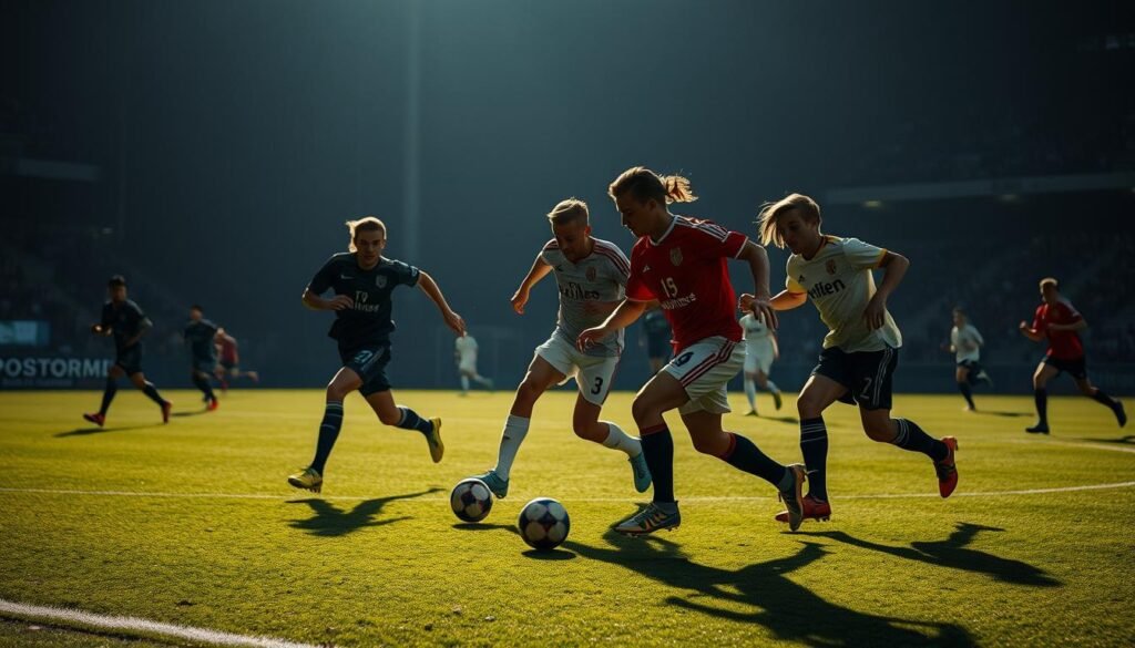 A dynamic football match with players in motion, showcasing the fluid rhythm of the game. The scene captures the middle of the pitch, with players deftly maneuvering the ball, their movements captured in a crisp, high-contrast style that emphasizes the energy and intensity of the moment. The lighting is dramatic, casting long shadows that accentuate the players' forms and the tension of the gameplay. The camera angle is slightly elevated, providing a sweeping view of the action, allowing the viewer to appreciate the strategic flow of the match.