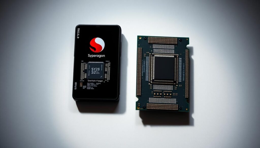 A high-angle view of two flagship chipsets, Snapdragon 8 Elite and Dimensity 9400, meticulously arranged on a sleek, minimalist background. The chipsets are depicted in precise detail, showcasing their intricate designs and technological prowess. Subtle lighting highlights the key components, creating a sense of depth and emphasizing the nuanced differences between the two. The composition conveys a mood of technical sophistication and refined performance, inviting the viewer to closely examine the comparative benchmarks of these leading mobile processors.