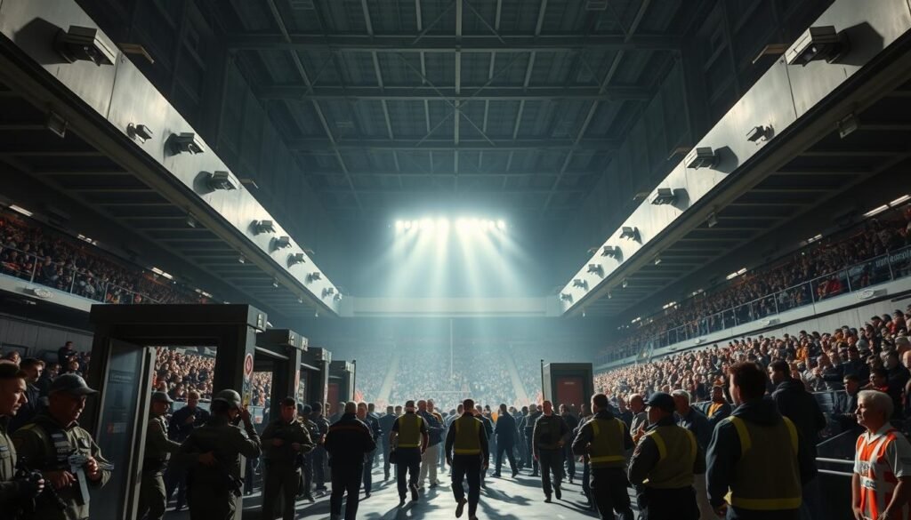 A high-security stadium entrance, with armed guards and metal detectors at the gates. The crowd surges through, passing under the watchful gaze of CCTV cameras mounted on the walls. Floodlights bathe the scene in a harsh, clinical light, casting long shadows across the concrete concourse. In the stands, stewards patrol the aisles, vigilantly monitoring the crowd for any signs of unrest. The atmosphere is tense, but the stadium's robust security infrastructure projects an image of total control, ensuring the safety of all in attendance.