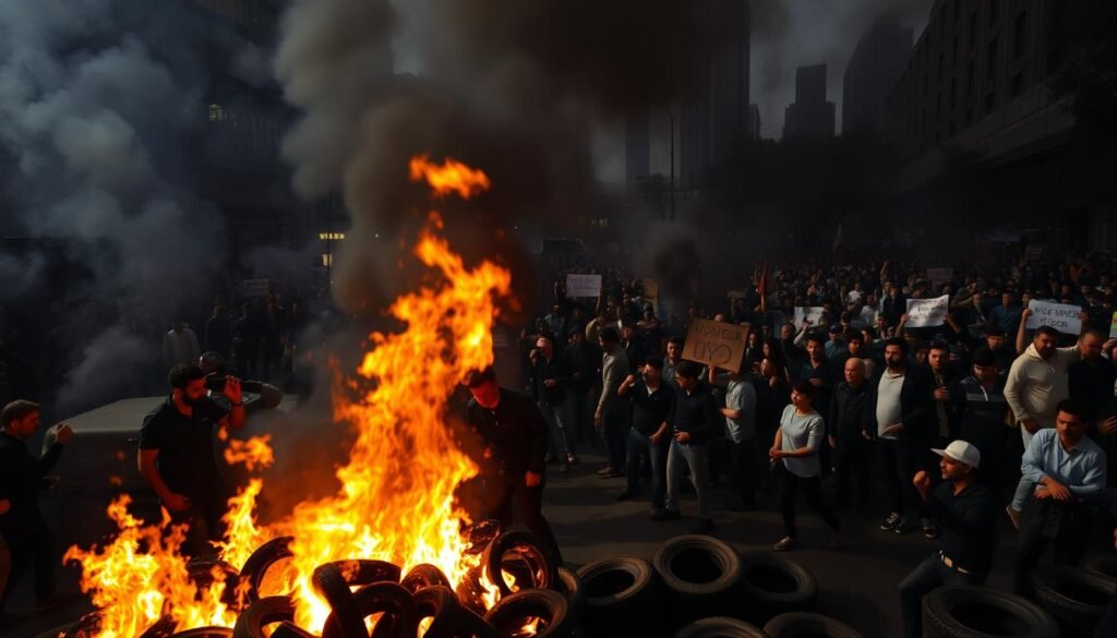A large crowd of protesters gathered in the city center, the air thick with the acrid smell of burning rubber. In the foreground, a group of individuals methodically set fire to a stack of tires, the flames licking at the blackened rubber. The mid-ground is filled with a chaotic scene of people waving banners and chanting slogans, their faces partially obscured by the dense smoke. In the background, the towering silhouettes of buildings and infrastructure stand as a stark contrast to the visceral display of civil unrest. The lighting is dramatic, with deep shadows and highlights that accentuate the intensity of the moment. The camera angle is slightly elevated, giving a sense of the scale and magnitude of the event.