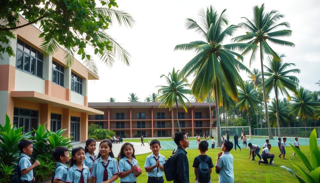 A modern Indonesian school building with a welcoming atmosphere, nestled within a lush, verdant landscape. The facade features clean lines, large windows, and a mix of warm, earthy tones. In the foreground, a group of students in school uniforms engage in animated discussions, their expressions radiating curiosity and enthusiasm. The middle ground showcases a well-equipped sports facility, where other students participate in a variety of activities. In the background, towering palm trees sway gently, and the sky is filled with soft, diffused light, creating a serene and inviting ambiance. The overall scene conveys a sense of vibrant learning, community, and the nurturing of Indonesia's future generations. A modern Indonesian school building with a welcoming atmosphere, nestled within a lush, verdant landscape. The facade features clean lines, large windows, and a mix of warm, earthy tones. In the foreground, a group of students in school uniforms engage in animated discussions, their expressions radiating curiosity and enthusiasm. The middle ground showcases a well-equipped sports facility, where other students participate in a variety of activities. In the background, towering palm trees sway gently, and the sky is filled with soft, diffused light, creating a serene and inviting ambiance. The overall scene conveys a sense of vibrant learning, community, and the nurturing of Indonesia's future generations.