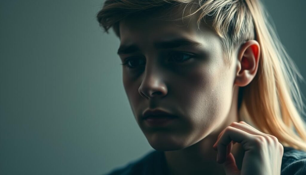 A serene, contemplative portrait of a young person deep in thought, their face expressing a pensive, introspective mood. The lighting is soft and diffused, creating a sense of tranquility. The background is blurred, allowing the subject to be the focal point. The composition emphasizes the subject's emotional state, conveying a sense of the challenges and complexities of mental health that young people face in the modern world. The scene is imbued with a sense of fragility and vulnerability, yet also resilience and determination. A serene, contemplative portrait of a young person deep in thought, their face expressing a pensive, introspective mood. The lighting is soft and diffused, creating a sense of tranquility. The background is blurred, allowing the subject to be the focal point. The composition emphasizes the subject's emotional state, conveying a sense of the challenges and complexities of mental health that young people face in the modern world. The scene is imbued with a sense of fragility and vulnerability, yet also resilience and determination.