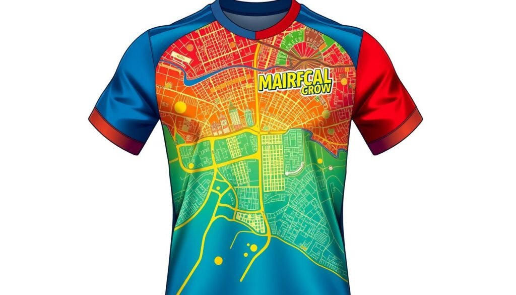 A vibrant and detailed illustration of a soccer jersey emblazoned with the intricate outlines of a bustling city map. The jersey's bold colors and striking graphic design create a sense of urban energy and civic pride. The map's intricate streets, landmarks, and neighborhoods are rendered with precision, inviting the viewer to explore the hidden corners of this dynamic metropolis. The jersey is displayed in a flattering, well-lit composition, highlighting the craftsmanship and attention to detail. The overall effect conveys a strong sense of belonging and identification with the local community, as if the wearer is proudly displaying their connection to the city they call home.