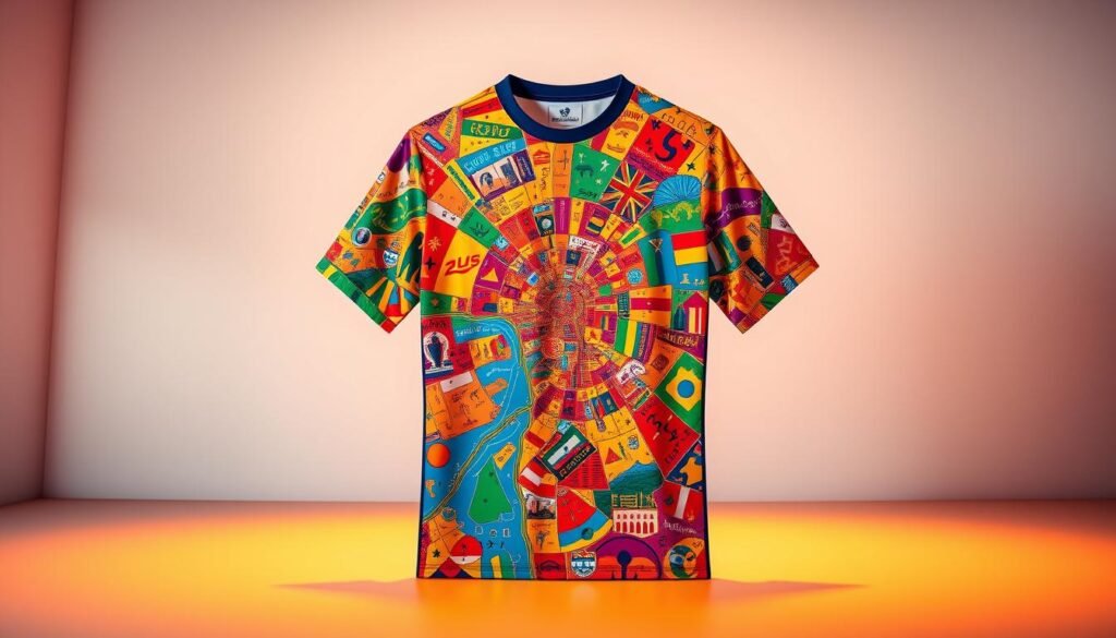 A vibrant and detailed soccer jersey, featuring a bold, colorful map of a city, capturing the essence of local pride and identity. The jersey is crafted with high-quality materials, showcasing intricate patterns and designs that evoke the unique character of the city. The lighting is warm and inviting, highlighting the jersey's texture and vibrancy. The jersey is presented in a clean, minimalist setting, allowing the design to take center stage and captivate the viewer. The overall atmosphere conveys a sense of pride, community, and the intersection of sports, technology, and local identity.