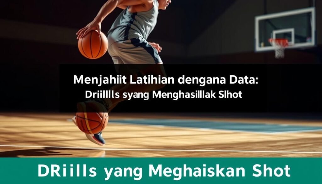 A basketball player dribbling the ball with focus and precision, their body in a dynamic motion as they weave through an imagined court. Bright, directional lighting casts dynamic shadows, highlighting the player's skill and athleticism. The background is blurred, drawing the viewer's attention to the decisive movements of the dribble, capturing the essence of a well-executed drill. The image conveys a sense of practice, training, and the connection between technical skills and gameplay, reflecting the &amp;quot;Menjahit Latihan dengan Data: Drills yang Menghasilkan Shot&amp;quot; section.