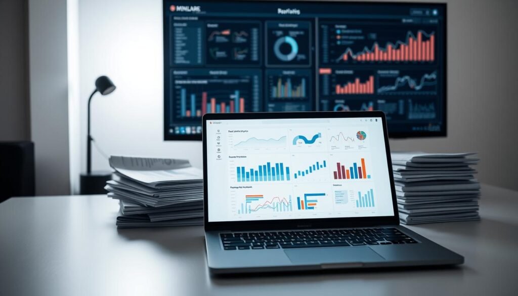 A clean, minimalist image of data visualizations on a modern desktop. In the foreground, a laptop displays a dynamic, interactive dashboard with charts, graphs, and infographics. The middle ground features stacks of crisp, printed reports and folders filled with analytical documents. In the background, a large, high-resolution monitor showcases a comprehensive, data-driven presentation. Soft, directional lighting illuminates the scene, casting subtle shadows and highlights. The overall atmosphere conveys a sense of informed decision-making, strategic planning, and data-driven insights.