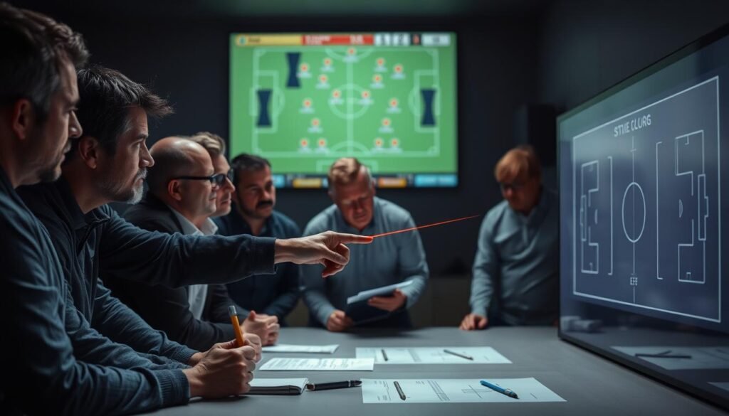 A dimly lit room, a group of coaches gathered around a large table, intently studying a tactical game plan projected on a wall-mounted screen. The lighting casts a serious, contemplative mood, as they analyze player positions, formations, and potential strategies. In the foreground, a head coach points to the board, gesturing with a laser pointer, his expression focused and determined. The middle ground features assistant coaches leaning in, taking notes and offering insights. The background blurs slightly, emphasizing the importance of the moment. The scene conveys the high-stakes decision-making and collaborative nature of crafting a winning strategy before a crucial match.