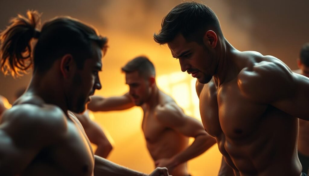 A group of determined athletes engaged in dynamic training exercises, their bodies in motion against a softly lit, atmospheric backdrop. Muscular forms glisten with sweat as they push through intense strength and agility drills, faces etched with focus and determination. The scene is captured with a cinematic, slightly elevated camera angle, emphasizing the athletes' dedication and the intensity of their practice. Warm, diffused lighting casts dramatic shadows, creating a sense of depth and drama. The overall mood is one of disciplined hard work, mental resilience, and the pursuit of athletic excellence.