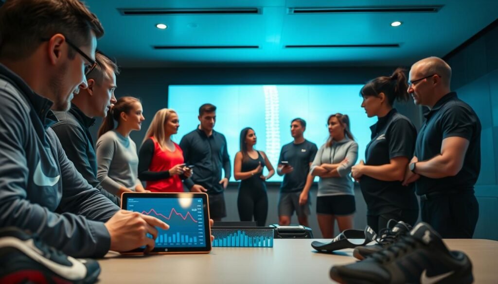 A high-tech sports analytics room showcasing the concept of indirect sleep monitoring by Firstbeat Sports. In the foreground, a sleek tablet displays real-time sleep data graphs, surrounded by modern sports gear. In the middle ground, a diverse group of athletic professionals, dressed in smart casual sports attire, attentively reviewing the data together. They are engaging in a focused discussion, with expressions reflecting curiosity and determination. The background features a large digital screen showcasing a spine-like sleep quality visualization, illuminated in soft blue and green hues, emphasizing clarity and technology. The overall atmosphere is one of innovation and teamwork, with soft, diffused lighting creating a motivating and dynamic environment.