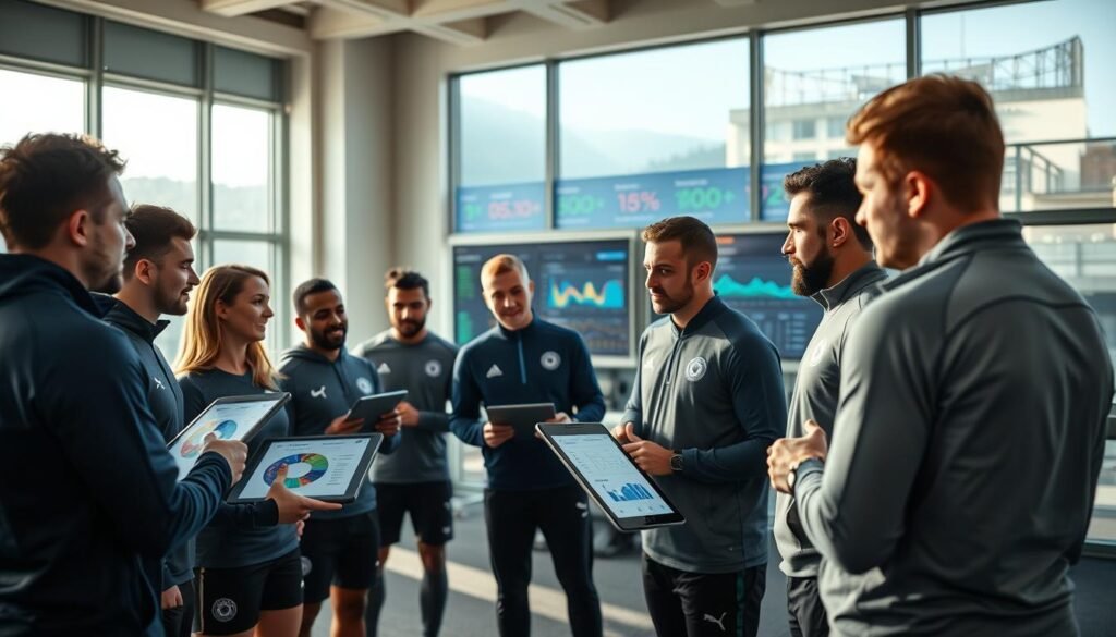 A professional setting showcasing the results of Leicester City's "Sleep Monitoring" program. In the foreground, a diverse group of athletes in professional sports attire are engaged in a team discussion, holding tablets with sleep data charts. The middle ground features a high-tech monitoring station, displaying colorful graphs and sleep quality metrics on digital screens. The background shows a modern training facility with large windows allowing natural light to pour in, creating an encouraging and bright atmosphere. Soft shadows enhance the depth, while a warm color palette conveys a sense of optimism and teamwork. The overall mood is focused and energetic, highlighting the benefits of optimized rest for the players.
