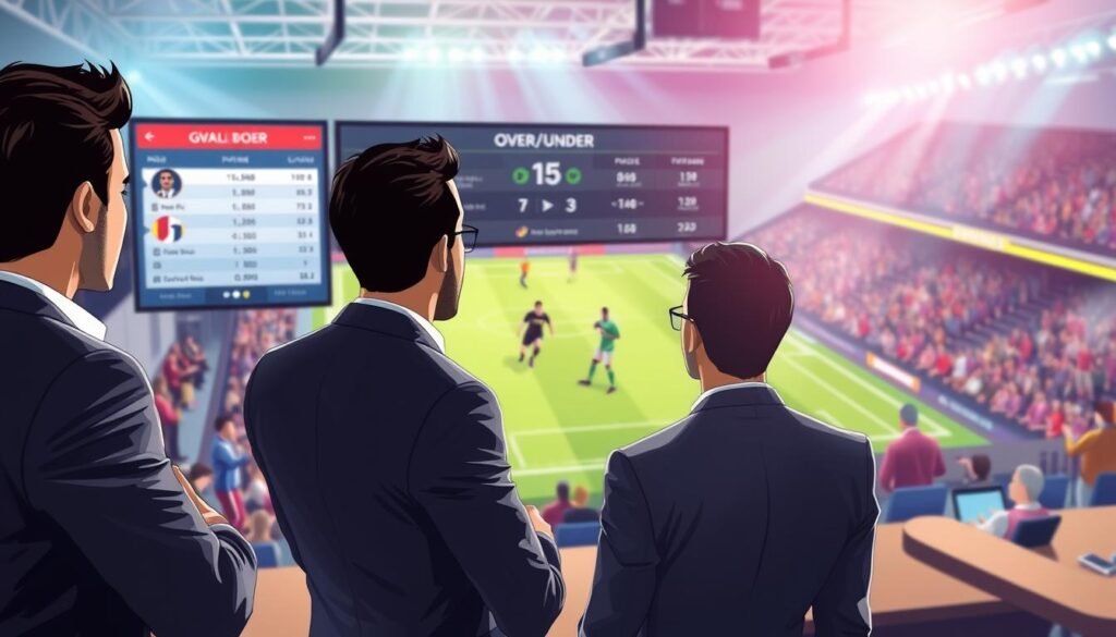 A vibrant and engaging illustration depicting a strategic sports betting scenario focused on the "Over/Under" betting approach for a major football match. In the foreground, a diverse group of three professionals in smart business attire are gathered around a large screen displaying match statistics and betting options. The middle ground features a football field with players in action, showcasing a tense moment in the game, heightening the atmosphere of excitement. The background includes a sports bar setting with patrons watching the match, creating a lively environment. The lighting is bright and dynamic, reminiscent of a lively stadium atmosphere, with a slight bokeh effect to draw attention to the professionals in the foreground. The overall mood is strategic and intense, emphasizing the analytical nature of betting during significant matches.