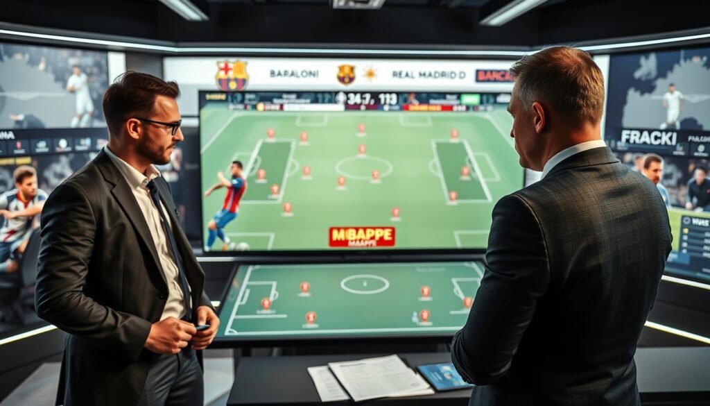 A detailed analysis scene depicting a strategic football match between Real Madrid and Barcelona, set in a modern sports analysis studio. In the foreground, a professional sports analyst, dressed in a tailored suit, examines a tactical board covered with player positions and stats related to transfer rumors. The middle ground features large screens showing highlights of both teams, with focus on the potential transfer of Mbappe. The background is a sleek, high-tech environment filled with data visuals and football graphics. Soft, focused lighting enhances the seriousness of the analysis, casting a professional, intense atmosphere. The angle is slightly elevated, providing a comprehensive view of the analysis process, emphasizing the strategic depth of football rivalry. The mood reflects anticipation and strategic insight.