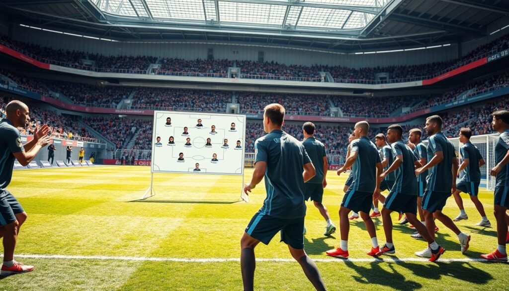 A dynamic scene capturing a European elite football club's training ground, with a focus on a strategic rotation drill. In the foreground, a diverse group of professional players, wearing matching team uniforms, are engaged in a high-intensity practice session, showcasing coordinated movements and teamwork. The middle ground features a tactical whiteboard displaying player positions and strategies, hinting at Pep Guardiola's rotational tactics. The background reveals a modern stadium under bright, natural lighting, with vibrant green turf and cheering fans in the stands. The scene evokes a sense of dedication and intensity, highlighting the importance of player rotation to prevent injuries during a busy season. The angle is wide, showcasing both the players' energy and the atmosphere of a professional training session.
