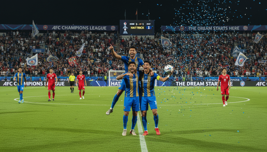 A dynamic scene showcasing a football match during the AFC Champions League involving top players scoring goals. In the foreground, a diverse group of professional football players in vibrant jerseys, celebrating a hat-trick, exhibits intense emotions of joy and determination. The middle ground features a bustling stadium filled with excited fans waving flags, with colorful banners representing various Asian teams. The background captures a clear night sky illuminated by bright stadium lights, casting dramatic shadows on the field. The atmosphere is energetic and electric, encapsulating the excitement of elite football competition. Use a wide-angle lens to emphasize the scale of the game, ensuring vivid colors and sharp focus on the players’ expressions while the audience remains slightly blurred.