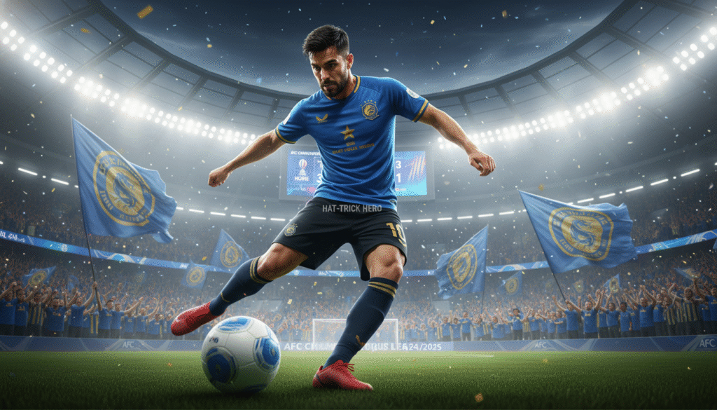 A dynamic soccer scene capturing an elite player in action during the AFC Champions League 2024/2025. The foreground features a male athlete, mid-kick, wearing a professional soccer uniform with vibrant club colors and cleats, embodying skill and determination. His expression reflects focus and intensity, exemplifying a hat-trick hero. In the middle ground, a lively crowd of fans, wearing jerseys and waving flags, creates an electrifying atmosphere. In the background, a modern stadium with bright floodlights illuminates the field, adding drama to the scene. The angle captures a low perspective, showcasing the athlete in a dynamic pose against a blurred backdrop of excitement. The overall mood is exhilarating, celebrating the spirit of top-tier soccer and the thrill of scoring three goals in a match.