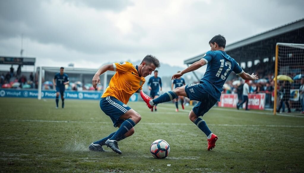 A dynamic soccer scene during a rainstorm, showcasing players displaying intense focus and skill on a muddy pitch. In the foreground, two players in professional soccer uniforms clash for the ball, droplets of rain splashing around them. One player is sliding to make a tackle, while the other is poised to pass. The middle ground reveals blurred teammates and opponents moving strategically under cloudy skies. In the background, a soccer goal with rain-soaked netting and a cheering crowd, their umbrellas contrasting against the stormy ambiance. Use dramatic, diffused lighting that highlights water reflections and adds depth. Capture the atmosphere of intensity and unpredictability that rainy weather brings to the game, emphasizing the physical challenges it presents to athletes.