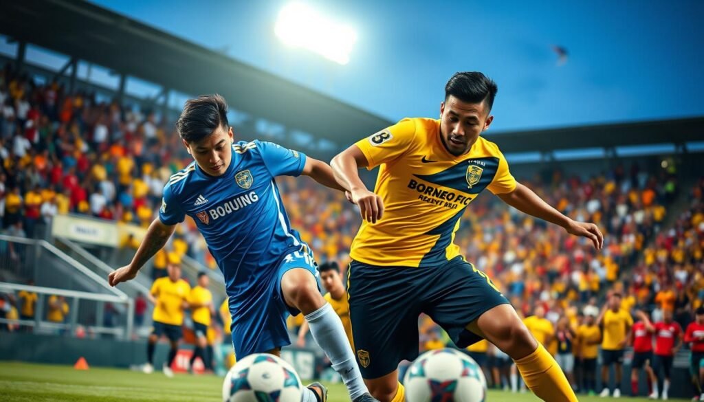 A dynamic soccer scene showcasing key players from Liga 1 Indonesia, highlighted in action during an intense match. In the foreground, two players, one representing Persib in a striking blue jersey and the other from Borneo FC in vibrant yellow, are fiercely competing for the ball. The middle ground features cheering fans in colorful team apparel, creating an electrifying atmosphere. The background reveals a packed stadium under bright floodlights, with a clear evening sky. Use a low angle to capture the intensity of the players' expressions, showcasing determination and sportsmanship. The lighting should add drama to the scene, with emphasis on the players’ movement and athleticism, conveying the excitement and competitive spirit of Indonesian football.