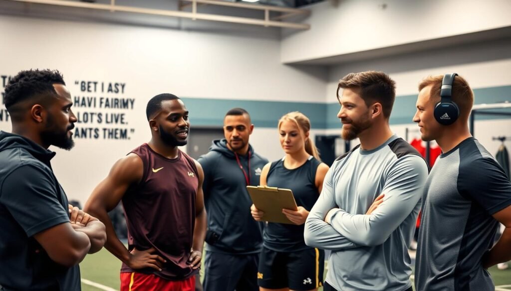 A group of professional athletes in a training facility, conveying a sense of mental management and player satisfaction. In the foreground, a diverse group of three athletes, dressed in professional sports attire, are engaged in a discussion, showcasing focused expressions and body language. In the middle ground, a coach with a clipboard is observing them, projecting an atmosphere of support and guidance. The background features a well-equipped training space with motivational quotes on the walls and sports equipment neatly arranged. Soft, ambient lighting creates a warm and inviting atmosphere, highlighting the importance of mental health in sports. The image should evoke a sense of teamwork and camaraderie, emphasizing the strategic management of player well-being during a demanding season.