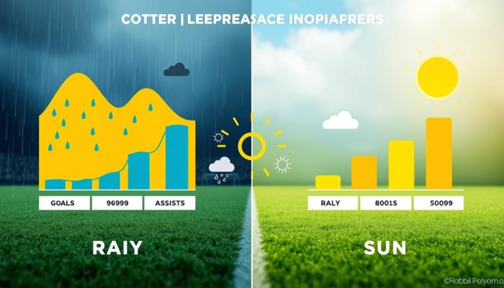 A visually striking infographic comparing soccer player performance statistics during the rainy and dry seasons. In the foreground, display two side-by-side, stylized graphs showing key performance indicators such as goals, assists, and passes completed, one representing the rainy season decorated with raindrops and dark clouds, and the other embodying the sunny season with bright sunshine and blue skies. The middle ground features abstract icons symbolizing weather, such as rain and sun, enhancing the seasonal contrast. The background should be a gradient blending subtle rain patterns on one side and sunny visuals on the other. The image should have a professional, polished appearance with soft, diffused lighting to create an informative yet engaging atmosphere, capturing the essence of the performance difference between the two seasons skillfully.