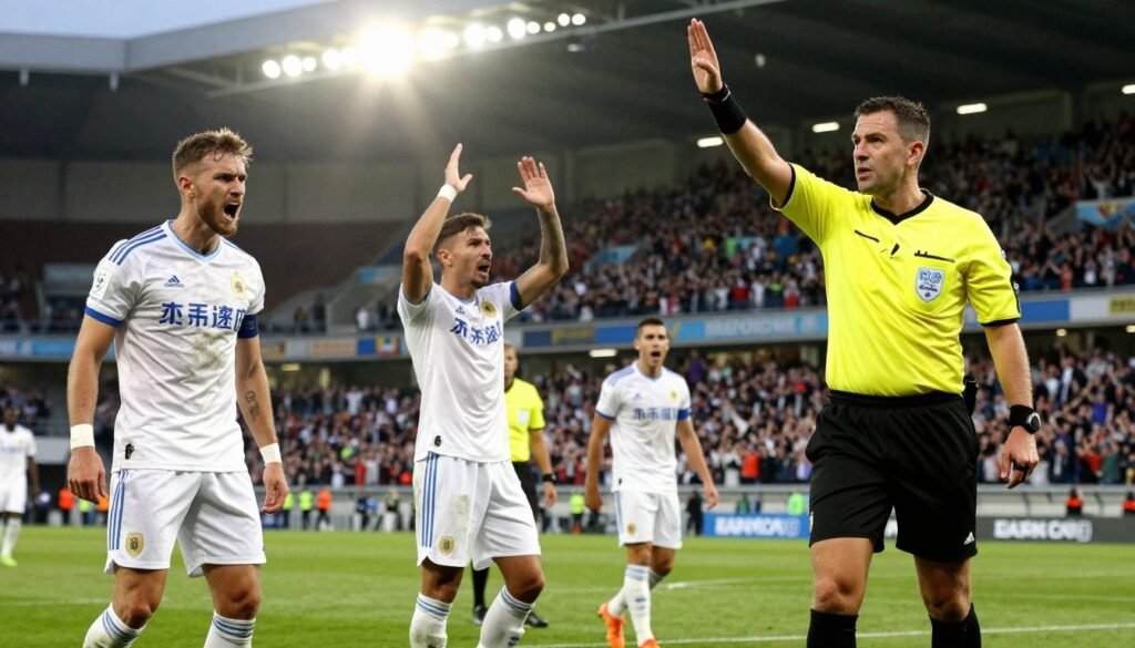 A dynamic football match scene capturing the impact of a referee's decision on the game's flow. In the foreground, a referee in a black and yellow uniform is making a decisive hand signal towards the sidelines, his expression showing focus and authority. In the middle ground, players from both teams react dramatically; a player on the left is expressing frustration while a teammate next to him raises his hands in disbelief. The background shows a packed stadium under bright floodlights, fans displaying mixed emotions. The atmosphere is tense, highlighting the critical moment in the game. The scene is viewed from a low angle to emphasize the action, with a warm glow from the stadium lights illuminating the faces of the players and the intensity of the moment.