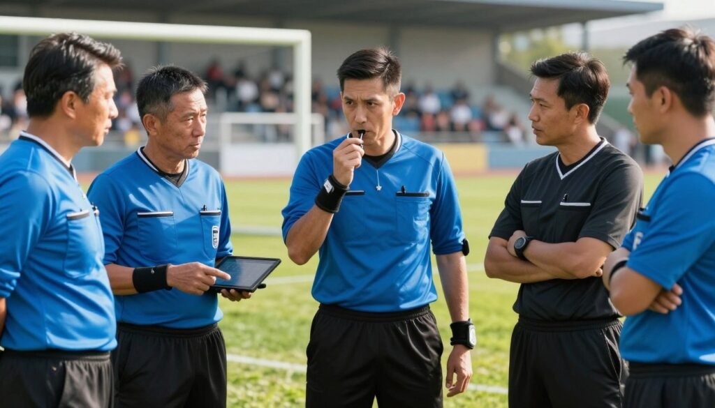 A group of professional soccer referees engaged in a serious discussion, standing in a well-lit stadium setting. In the foreground, a central referee holds a whistle, emphasizing their authority. To the left, another referee points to a tablet showing game statistics, while a third referee listens intently, crossing their arms. In the middle ground, a grassy field and goalpost are visible, hinting at the soccer match context. The background shows blurred spectators, enhancing the atmosphere of the game. Natural sunlight casts soft shadows, creating a focused yet dynamic environment that reflects teamwork and professionalism in officiating sports. The scene conveys a sense of collaboration and decision-making, highlighting the essential role of referees in soccer.