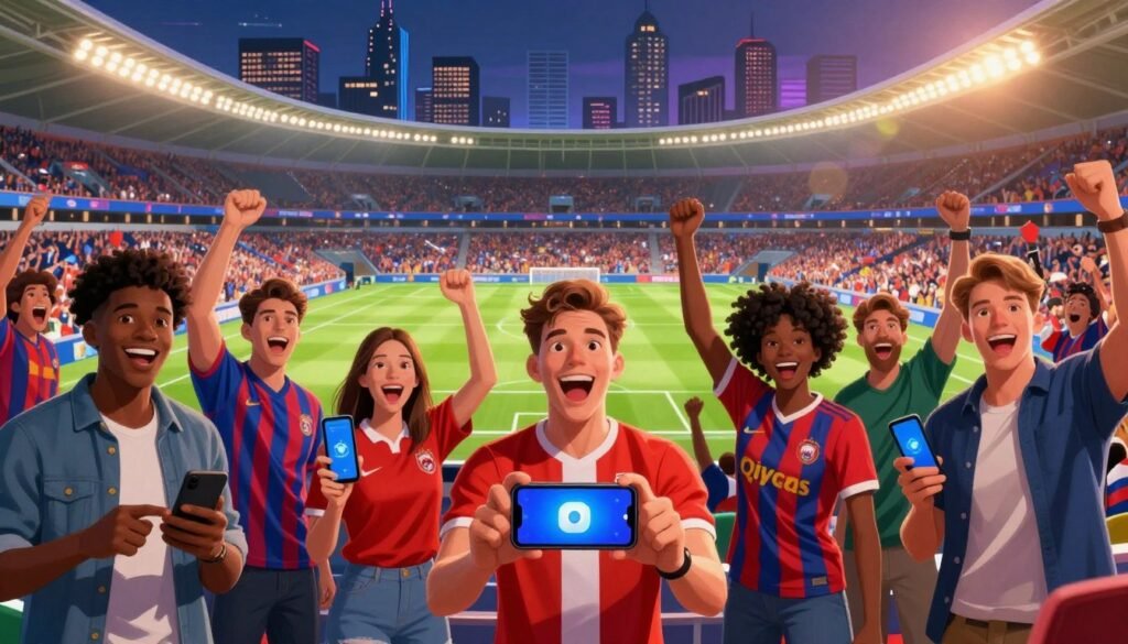 A vibrant digital art scene showcasing the benefits of fan tokens for supporters and clubs. In the foreground, a diverse group of excited supporters, dressed in team colors and professional sports attire, hold digital devices displaying their fan tokens. In the middle ground, an animated depiction of a football stadium brimming with energy, filled with cheering fans. In the background, a stylized city skyline representing growth and innovation, with hints of blockchain graphics subtly integrated. The lighting is dynamic and warm, reflecting a celebratory mood, while a slight lens flare adds a modern touch. Capture the excitement and connection between supporters and their clubs, emphasizing a future where fan engagement and club success intertwine harmoniously. A vibrant digital art scene showcasing the benefits of fan tokens for supporters and clubs. In the foreground, a diverse group of excited supporters, dressed in team colors and professional sports attire, hold digital devices displaying their fan tokens. In the middle ground, an animated depiction of a football stadium brimming with energy, filled with cheering fans. In the background, a stylized city skyline representing growth and innovation, with hints of blockchain graphics subtly integrated. The lighting is dynamic and warm, reflecting a celebratory mood, while a slight lens flare adds a modern touch. Capture the excitement and connection between supporters and their clubs, emphasizing a future where fan engagement and club success intertwine harmoniously.