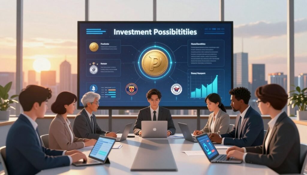 A visually engaging illustration representing the concept of investment possibilities and risks associated with fan tokens. In the foreground, a diverse group of people in professional business attire sits around a modern conference table, analyzing graphs and digital charts on tablets and laptops. The middle ground features a large digital display showcasing various fan tokens, accompanied by images of popular sports teams. In the background, a dynamic city skyline can be seen, illuminated by the warm glow of sunset, reflecting a sense of innovation and opportunity. The lighting is bright yet soft, creating a professional atmosphere that conveys both excitement and caution. The overall mood should evoke a balance of optimism and seriousness, highlighting the intriguing yet uncertain nature of investing in fan tokens. A visually engaging illustration representing the concept of investment possibilities and risks associated with fan tokens. In the foreground, a diverse group of people in professional business attire sits around a modern conference table, analyzing graphs and digital charts on tablets and laptops. The middle ground features a large digital display showcasing various fan tokens, accompanied by images of popular sports teams. In the background, a dynamic city skyline can be seen, illuminated by the warm glow of sunset, reflecting a sense of innovation and opportunity. The lighting is bright yet soft, creating a professional atmosphere that conveys both excitement and caution. The overall mood should evoke a balance of optimism and seriousness, highlighting the intriguing yet uncertain nature of investing in fan tokens.